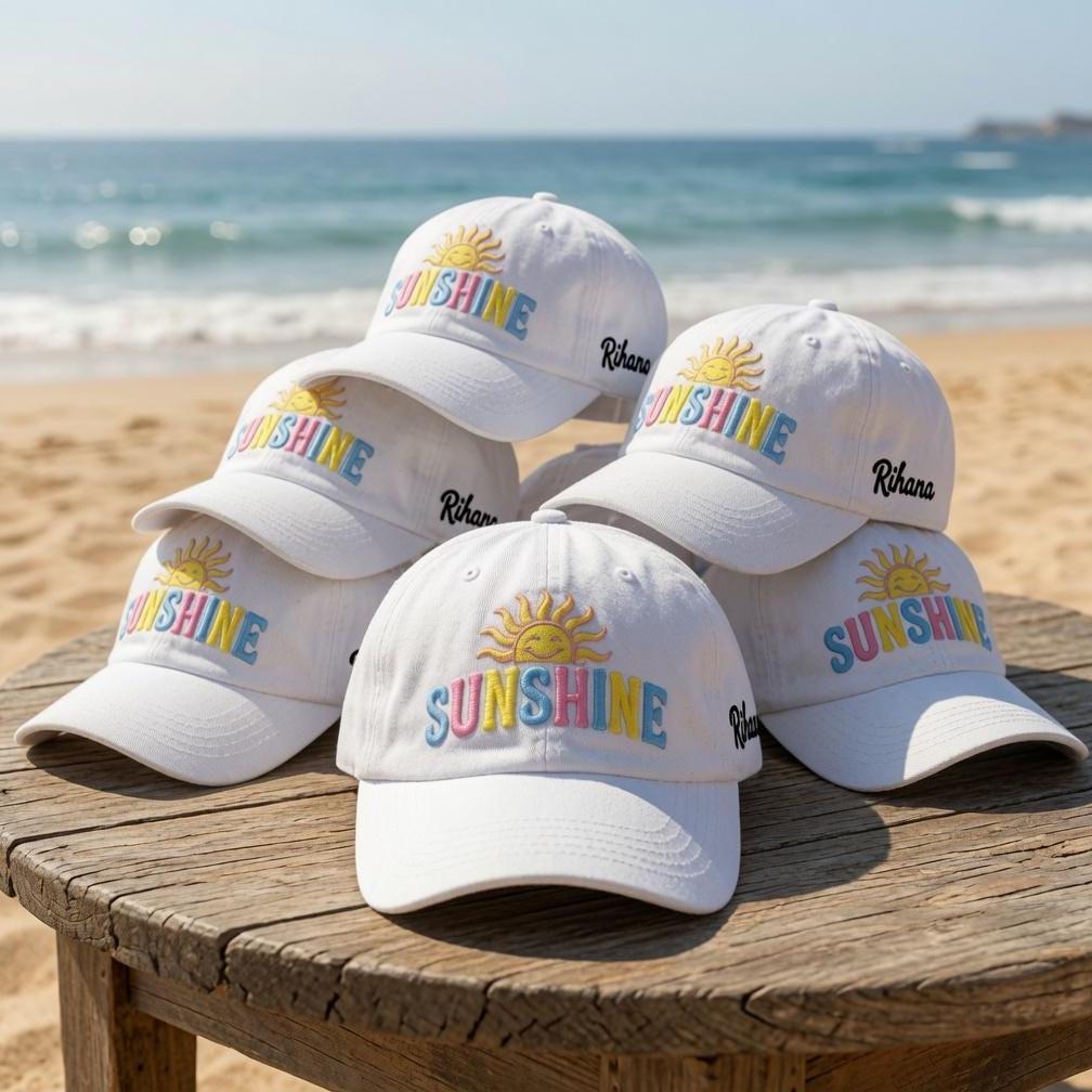 Custom Name Beach Hat, Personalized Sunshine Dad Cap, Embroidered White Cotton Sun Hat, Matching Girls Trip Gift, Summer Vacation Favor