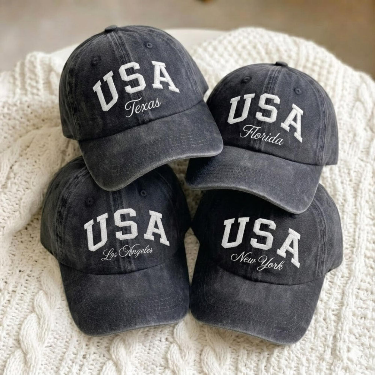 Custom USA City Name Embroidered Hat, Personalized American Flag Washed Cotton Baseball Cap