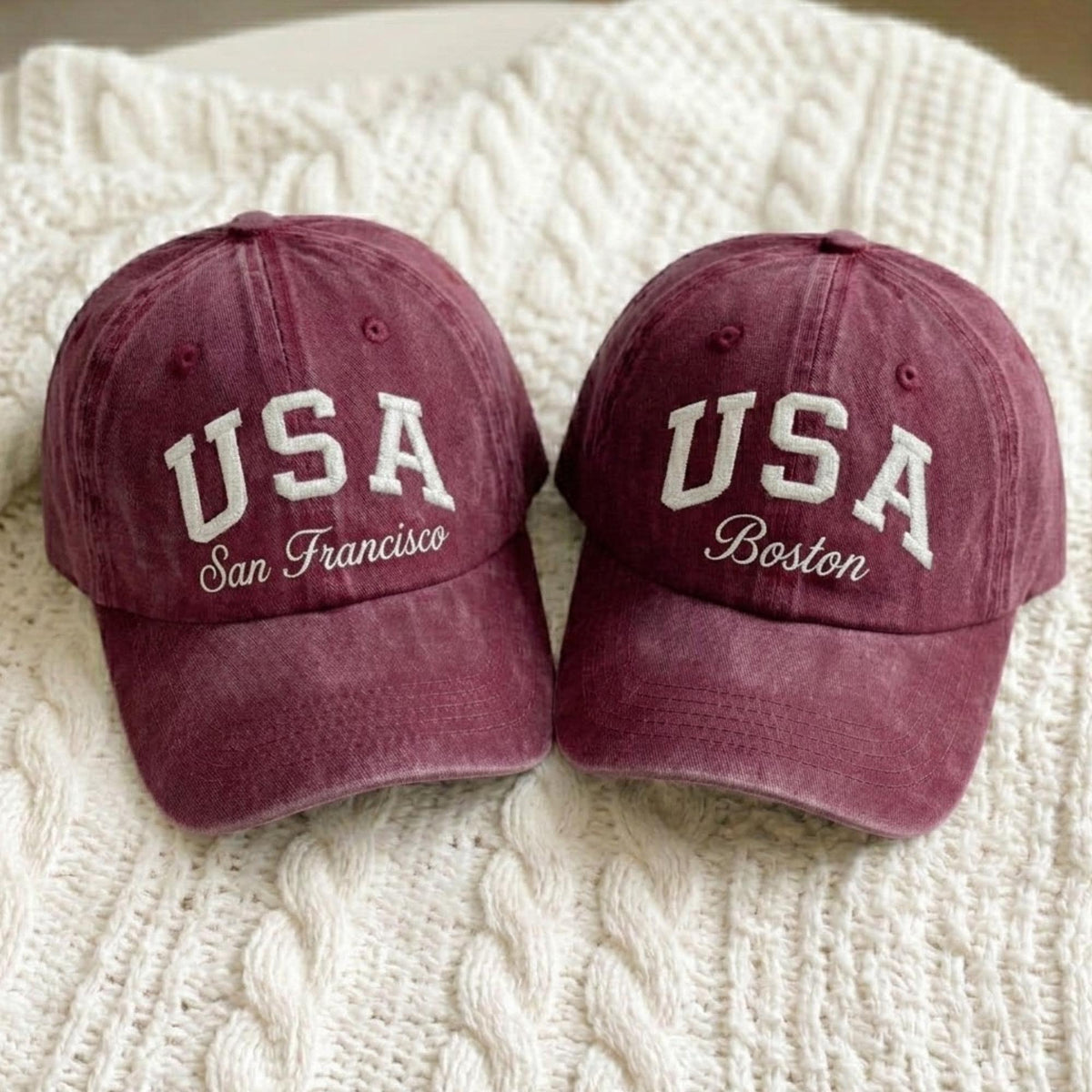 Custom USA City Name Embroidered Hat, Personalized American Flag Washed Cotton Baseball Cap