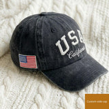 Custom USA City Name Embroidered Hat, Personalized American Flag Washed Cotton Baseball Cap