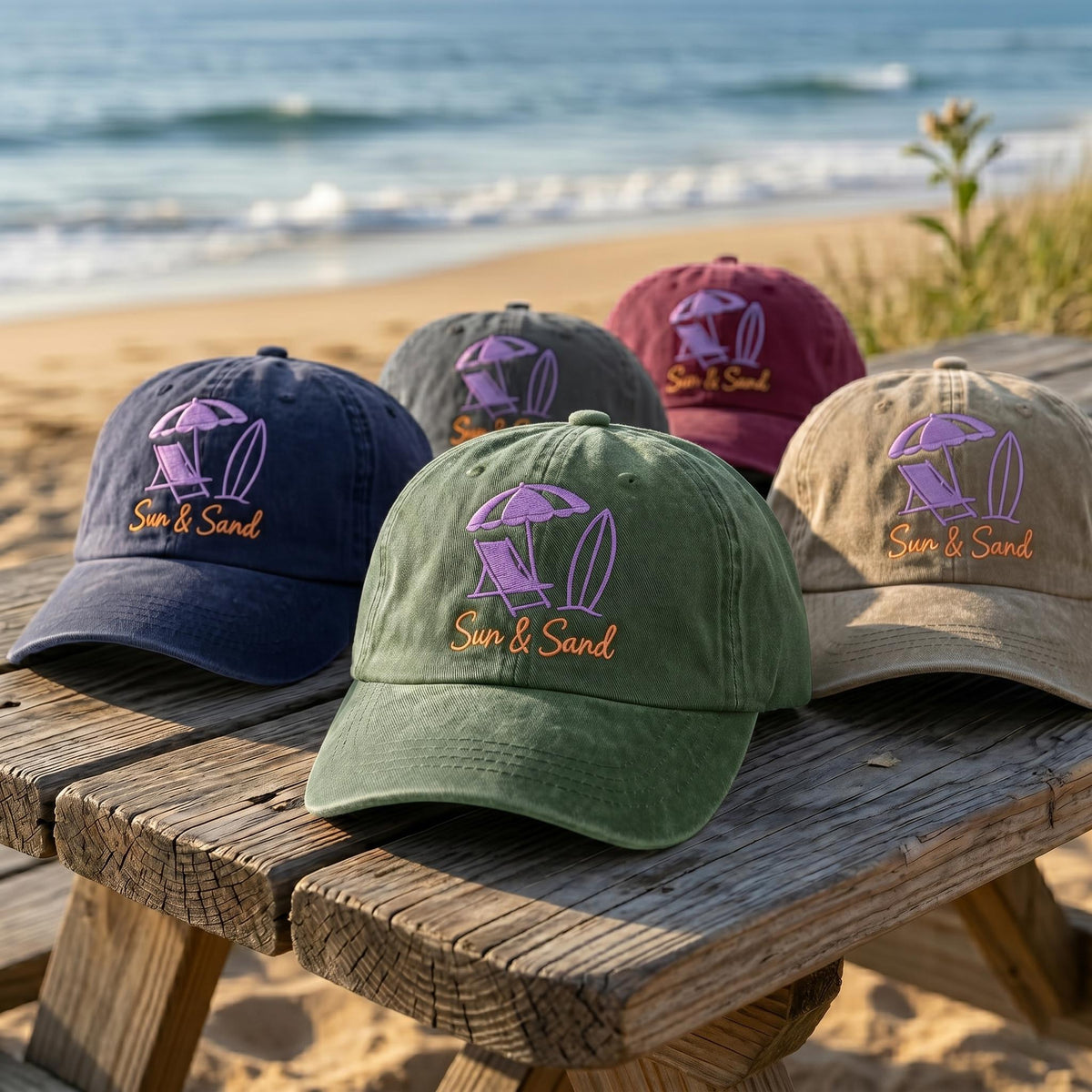 Custom Sun Sand Hat | Personalized Beach Vacation Cap | Retro Beach Chair Baseball Hat | Embroidered White Dad Hat | Custom Summer Gift