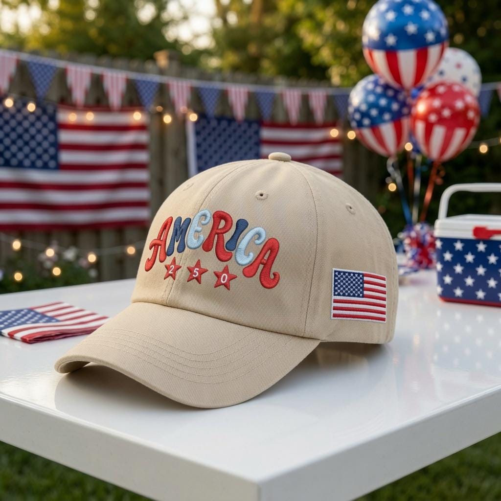 Red White and Blue Embroidered Hat, Patriotic American Baseball Cap