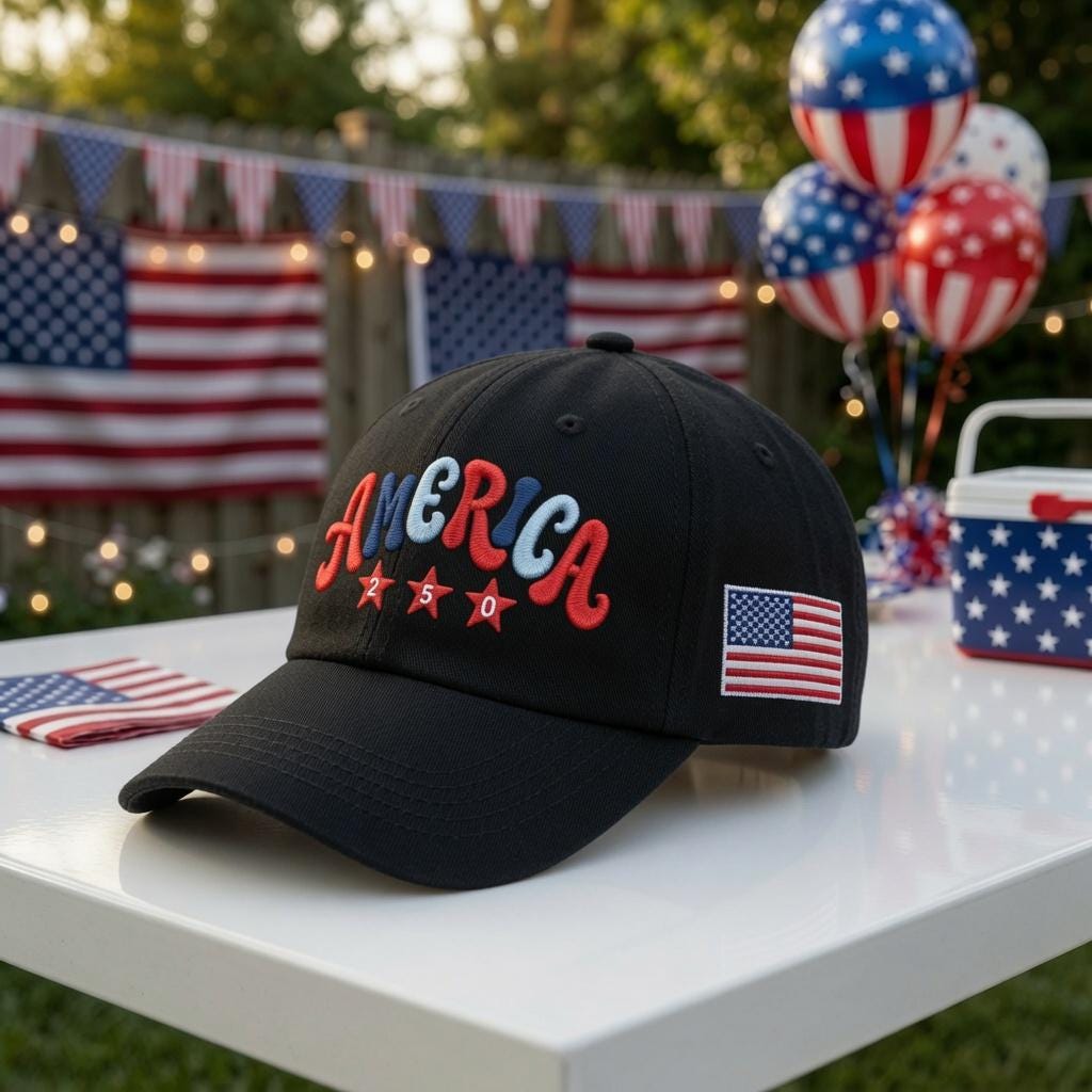 Red White and Blue Embroidered Hat, Patriotic American Baseball Cap