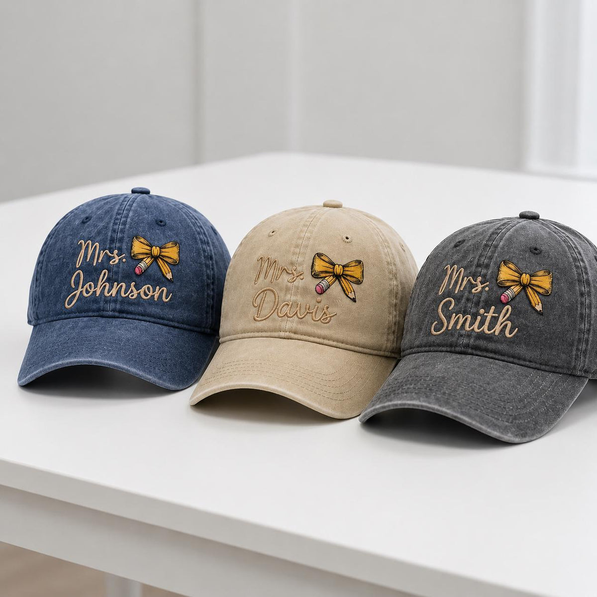 Personalized Teacher Pencil Bow Hat, Custom Name Embroidered Baseball Cap