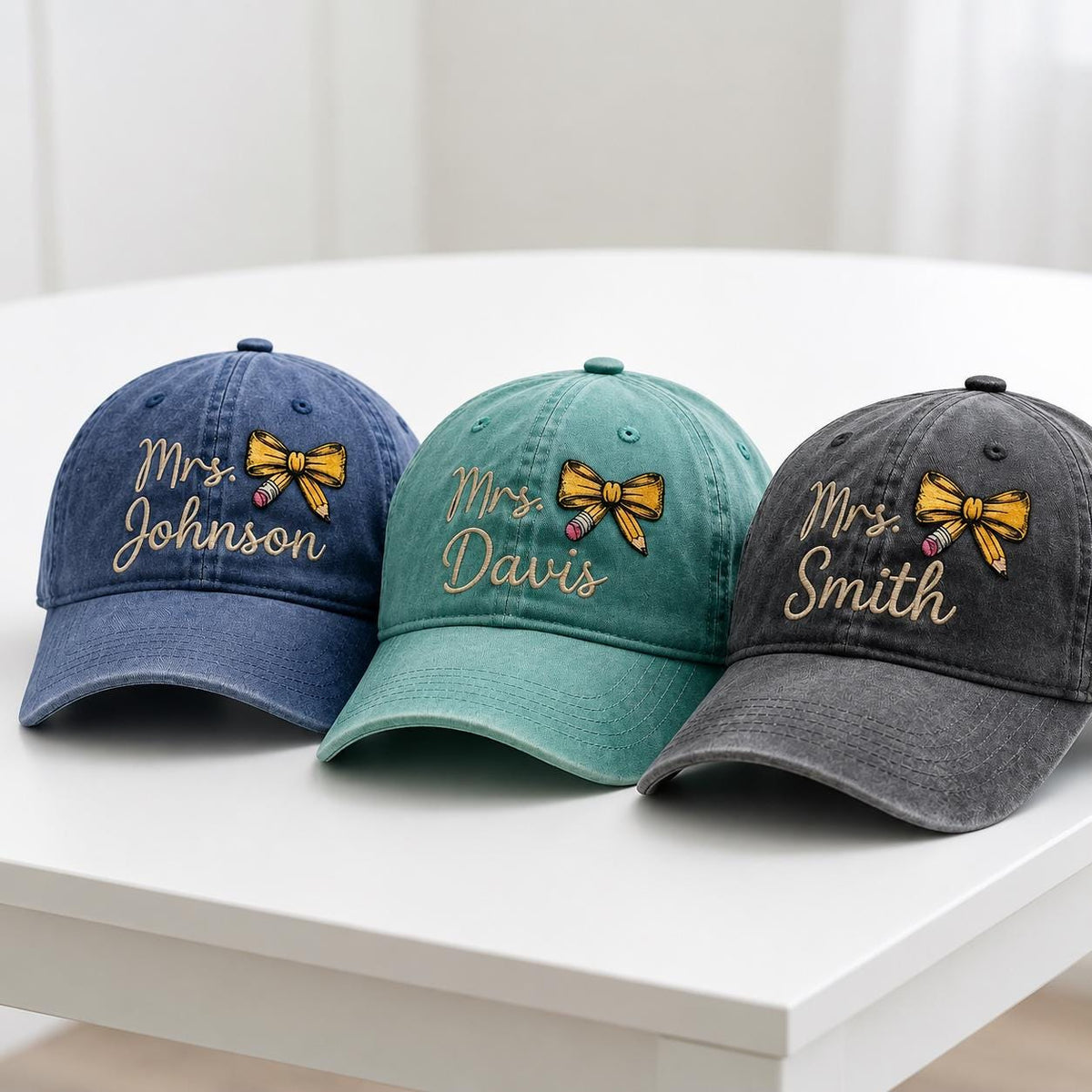 Personalized Teacher Pencil Bow Hat, Custom Name Embroidered Baseball Cap