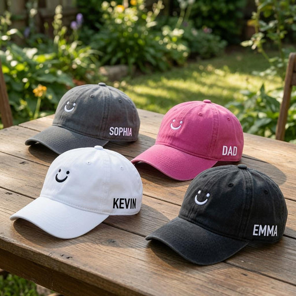 Custom Smiley Face Embroidered Hat - Personalized Name Matching Family Cap