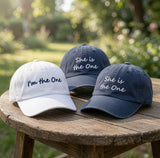I'm The One Bride Hat, She Is The One Bachelorette Cap, Custom Embroidered Wedding Party Hat, Vintage Washed Denim Bridesmaid Gift
