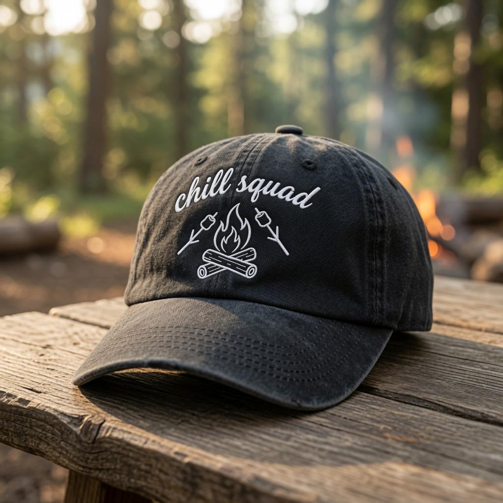 Camp Bachelorette Hat, Custom Bride To Be Dad Cap, Embroidered Bonfire Chill Squad Hat, Vintage Washed Denim Camping Bridal Party Gift