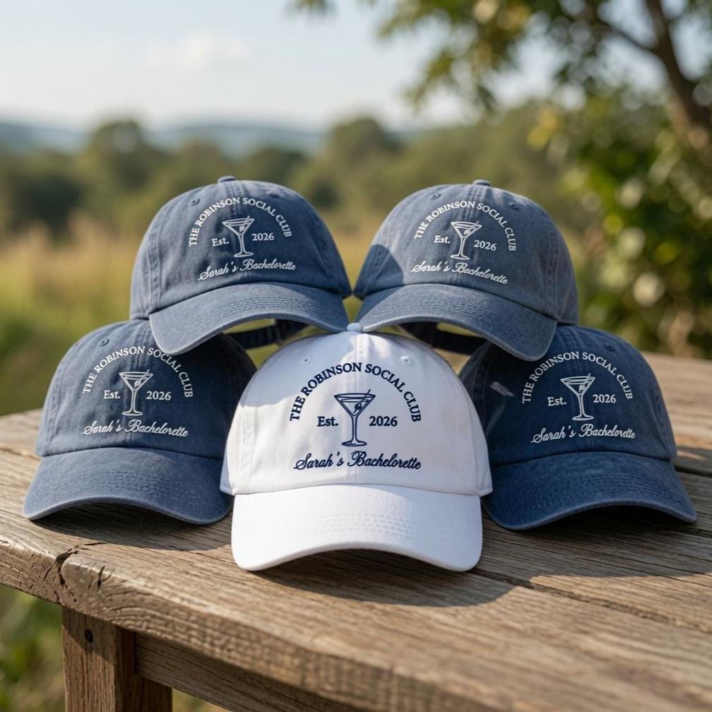 Custom Bachelorette Hat, Personalized Social Club Dad Cap, Embroidered Cocktail Bridesmaid Hat, Vintage Washed Party Favors