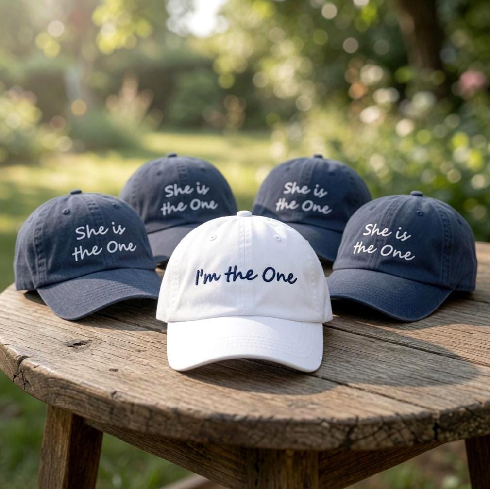 I'm The One Bride Hat, She Is The One Bachelorette Cap, Custom Embroidered Wedding Party Hat, Vintage Washed Denim Bridesmaid Gift