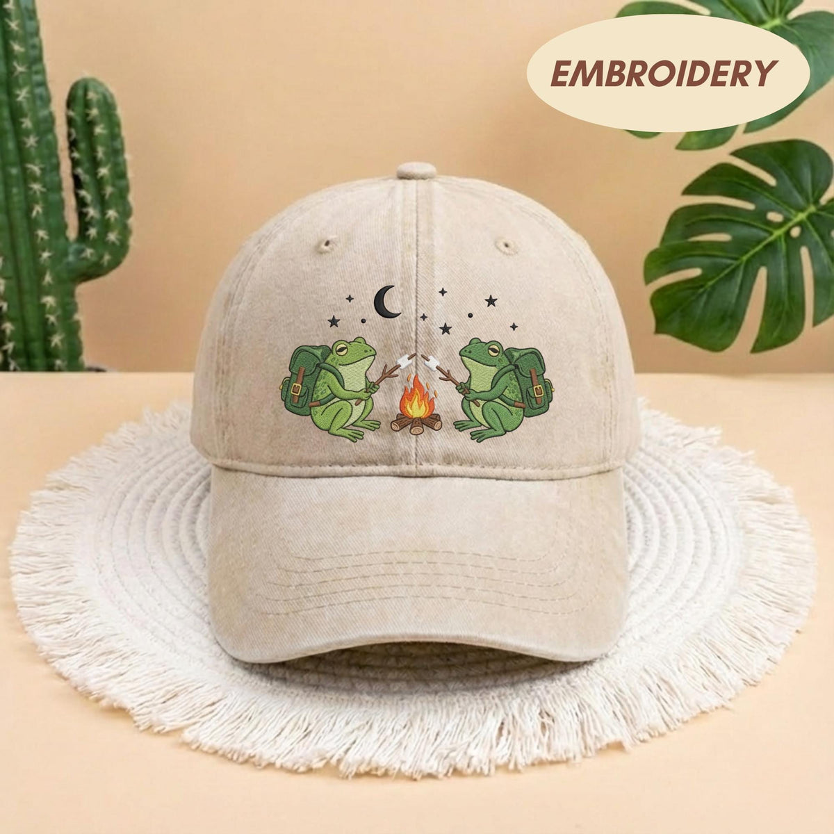 Embroidered Frog Camping Hat, Cute Marshmallow Roasting Cap, Nature Lover Baseball Hat, Funny Frog Hat, Outdoors Cotton Cap, Summer Camp Hat
