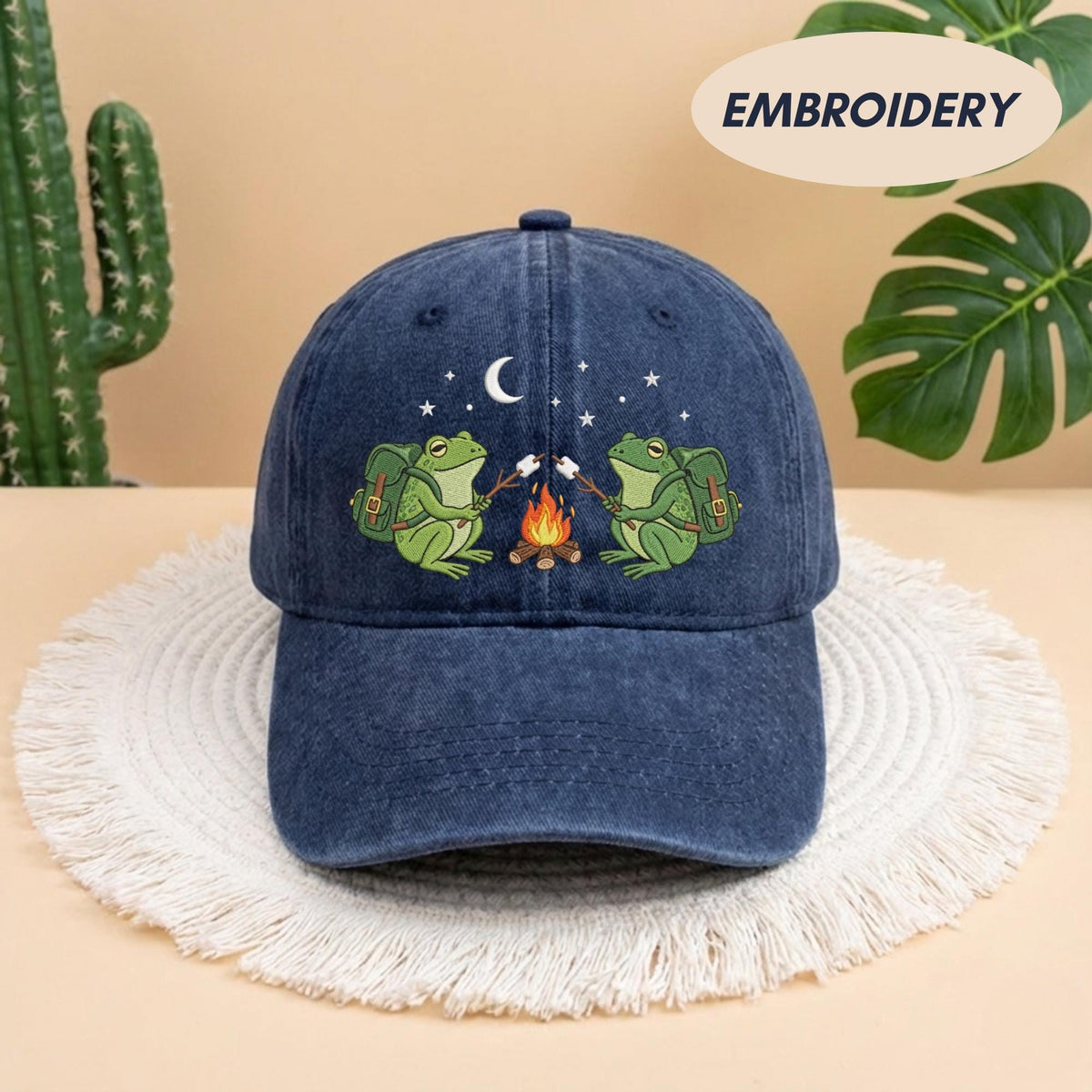 Embroidered Frog Camping Hat, Cute Marshmallow Roasting Cap, Nature Lover Baseball Hat, Funny Frog Hat, Outdoors Cotton Cap, Summer Camp Hat