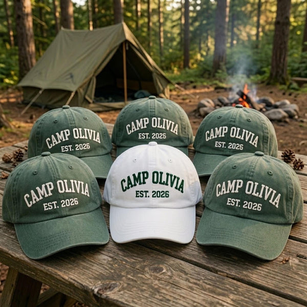 Embroidered Camp Custom Hat, Bachelorette Party Group Hat, Personalized Summer Camp Cap, Matching Trip Hat, Bride Squad Camping Baseball Cap