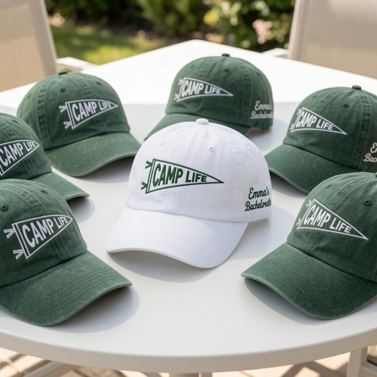 Embroidered Camp Life Hat, Side Text Bachelorette Cap, Custom Camping Trip Gift, Personalized Party Cap, Matching Group Hat, Pennant Design