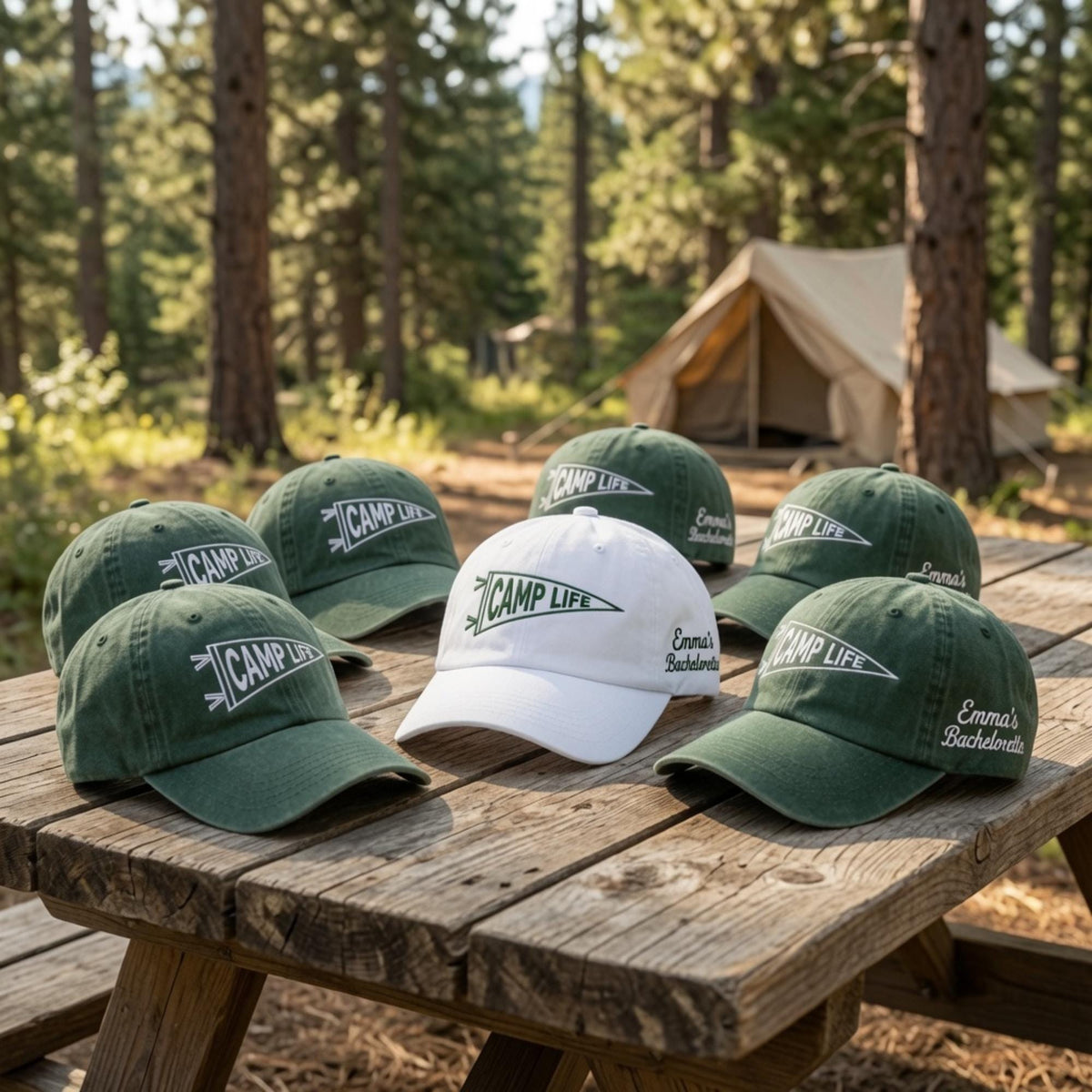 Embroidered Camp Life Hat, Side Text Bachelorette Cap, Custom Camping Trip Gift, Personalized Party Cap, Matching Group Hat, Pennant Design