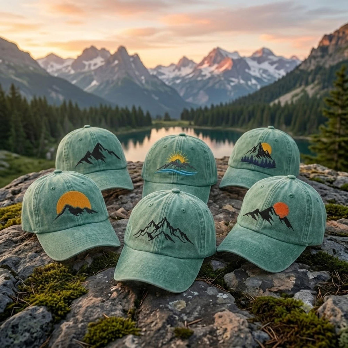 Mountain Embroidered Hat, Vintage Washed Cotton Baseball Cap, Outdoor Camping Gift