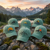Mountain Embroidered Hat, Vintage Washed Cotton Baseball Cap, Outdoor Camping Gift