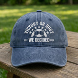 Custom Soccer Team Hat, Personalized Victory Or Bust Dad Cap, Embroidered Football Baseball Hat, Vintage Washed Denim Soccer Fan Gift