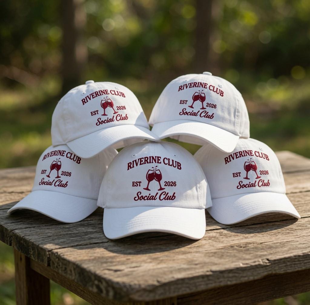 Custom Social Club Hat, Personalized Wine Tasting Dad Cap, Embroidered Riverine Club Baseball Hat, Vintage Vineyard Tour Group Summer Gift