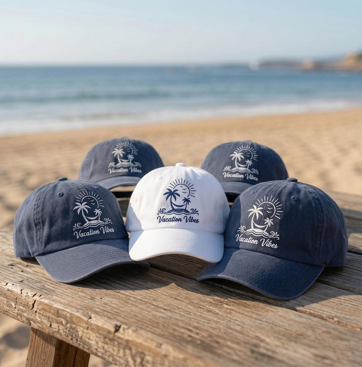 Custom Vacation Vibes Hat, Personalized Beach Trip Dad Cap, Embroidered Palm Tree Baseball Hat, Vintage Washed Denim Cruise Summer Gift