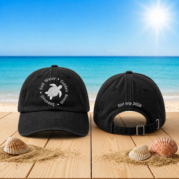Custom Sea Turtle Embroidered Hat, Personalized Beach Trip Baseball Cap