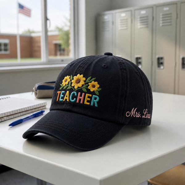 Personalized Floral Teacher Embroidered Hat, Custom Name Educator Cap