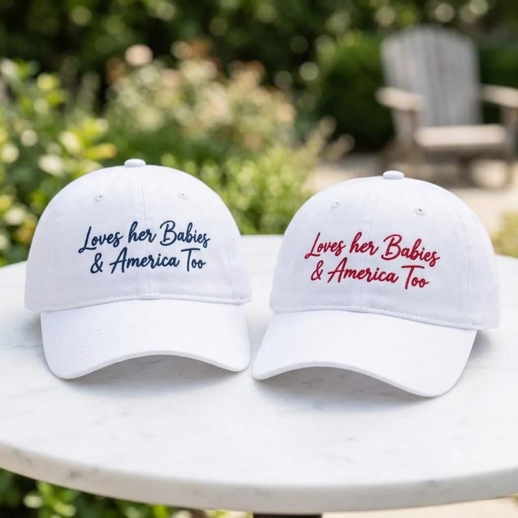 Loves Her Babies & America Too Embroidered Hat - Patriotic Mom 4th of July USA Mama Cotton Dad Cap