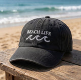 Custom Beach Life Hat Embroidered Wave Baseball Cap Personalized Vintage Black Dad Hat Summer Vacation Gift Custom Text Ocean Trucker Cap