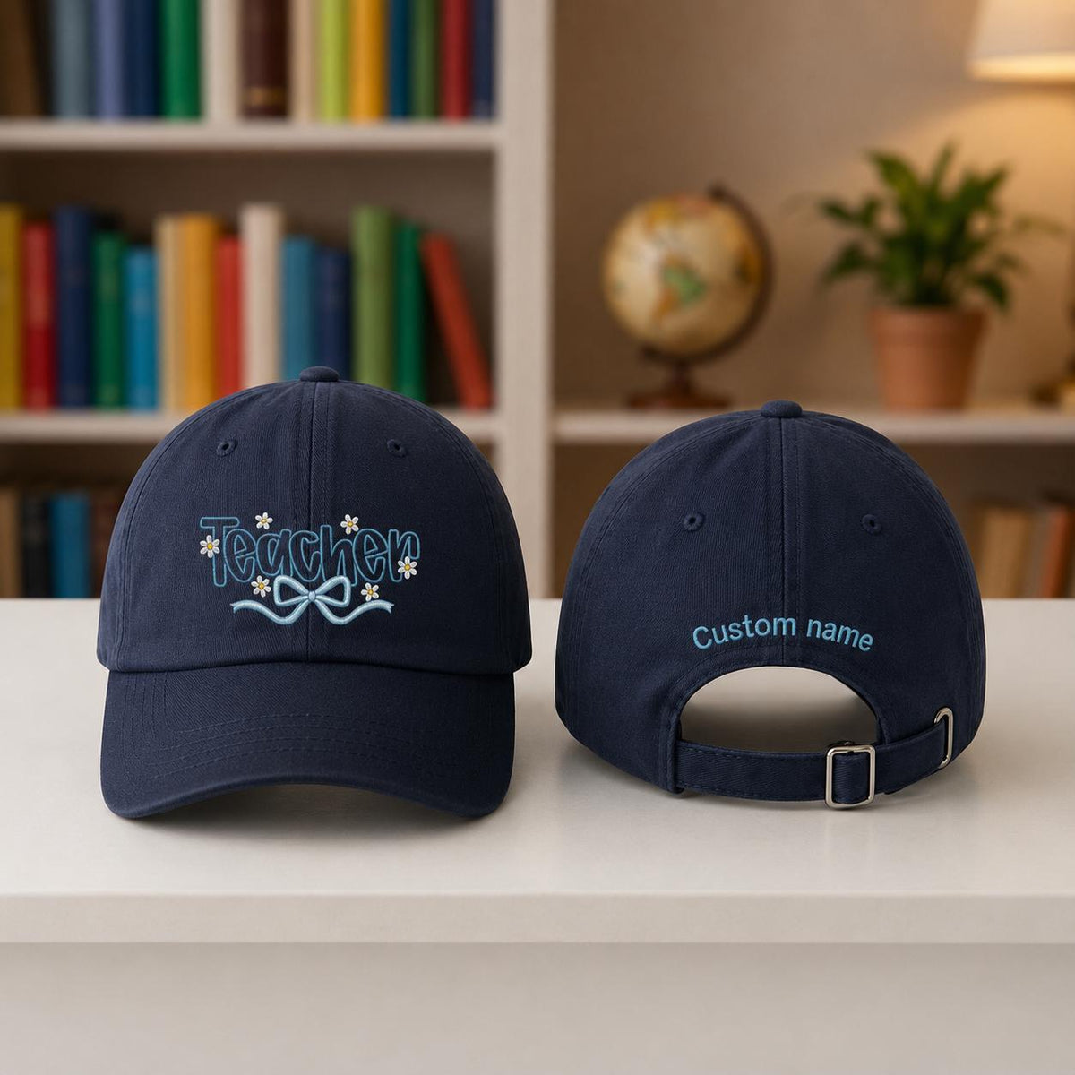 Personalized Daisy Bow Teacher Hat, Custom Name Embroidered Baseball Cap, Teacher Appreciation Gift