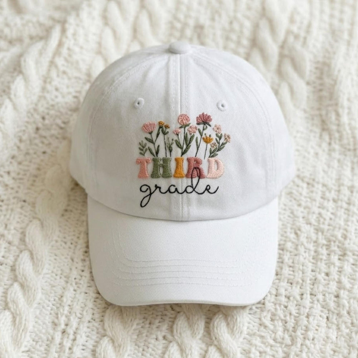 Personalized Wildflower Teacher Embroidered Hat, Custom 1st 2nd Grade Cotton Baseball Cap