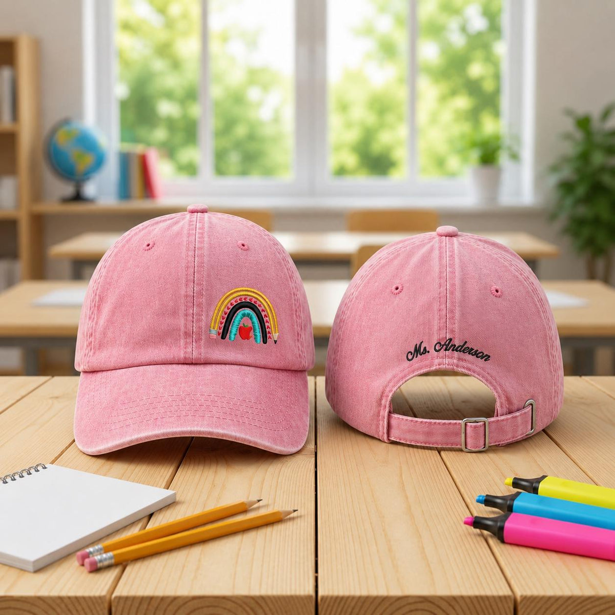 Rainbow Pencil Teacher Embroidered Hat, Colorful Back to School Baseball Cap, Teacher Gift