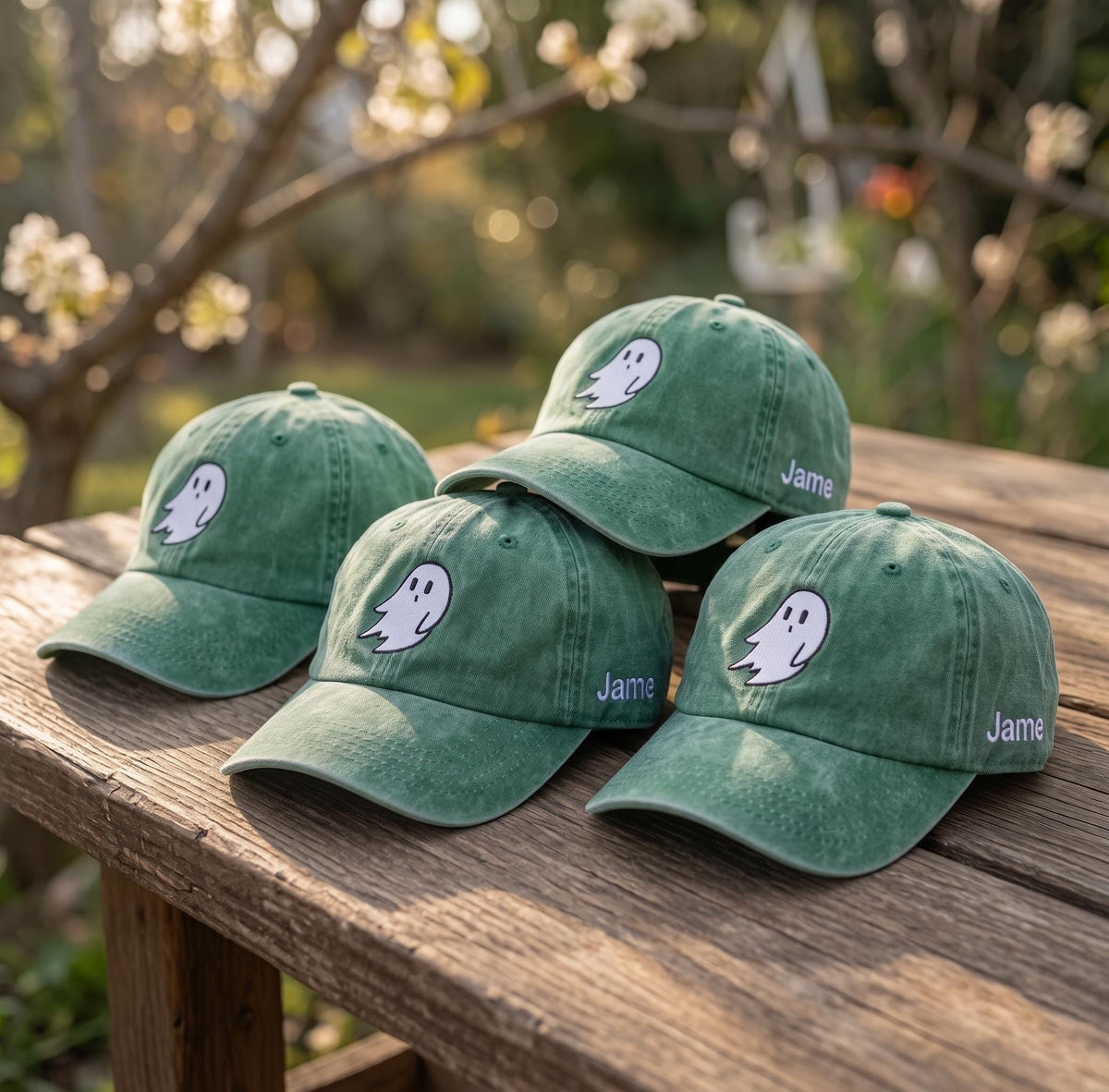 Cute Ghost Hat With Side Name Custom Embroidered Ghost Baseball Cap Personalized Halloween Gift Vintage Washed Cotton Spooky Dad Cap