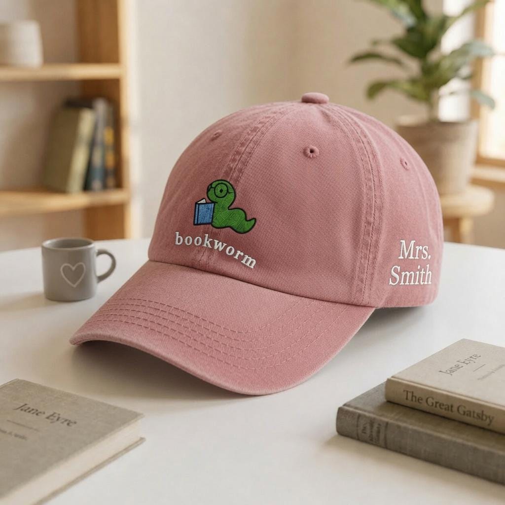 Personalized Bookworm Embroidered Hat, Custom Reader Baseball Cap, Book Lover Gift
