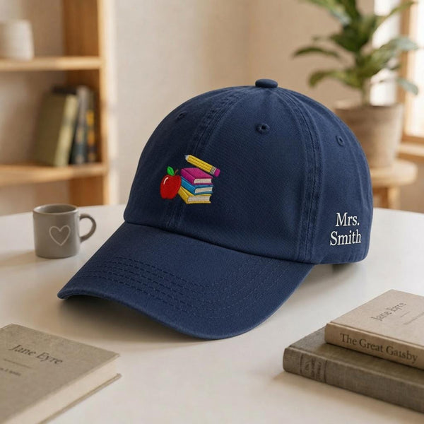 Custom Teacher Book and Apple Embroidered Hat, Personalized Educator Baseball Cap