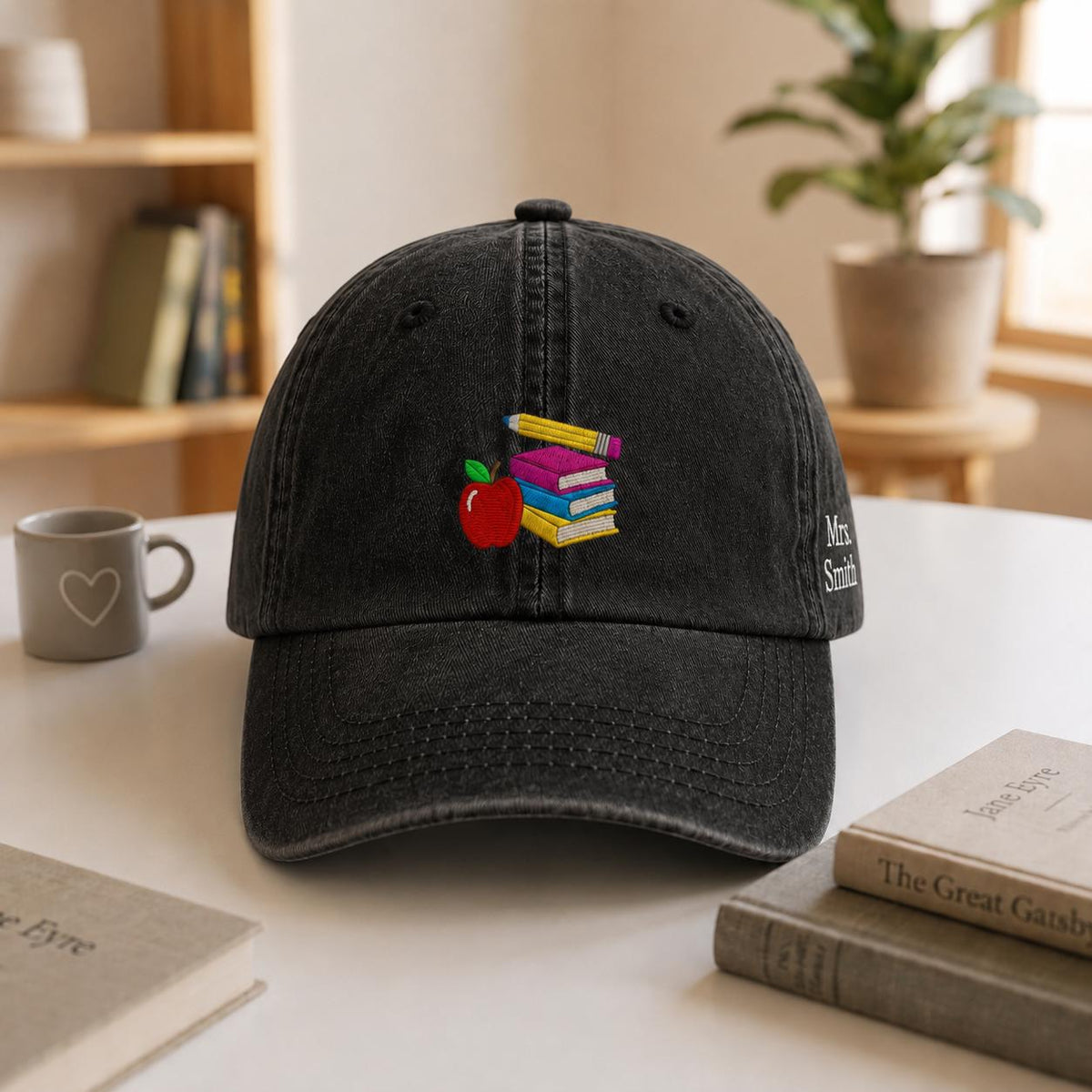 Custom Teacher Book and Apple Embroidered Hat, Personalized Educator Baseball Cap