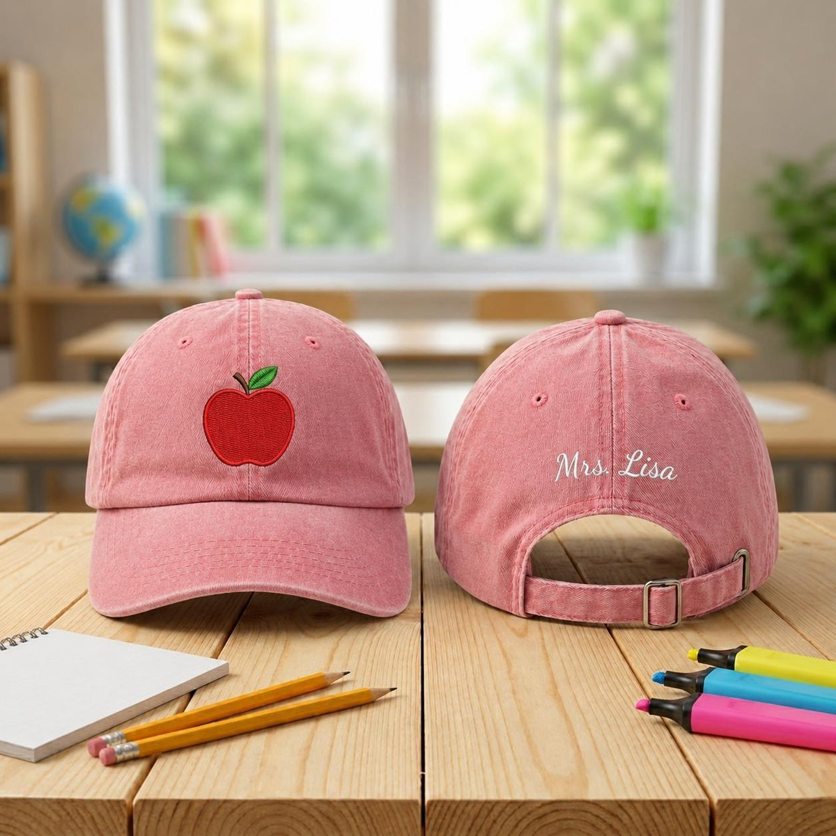 Custom Name Apple Embroidered Hat, Personalized Teacher Baseball Cap