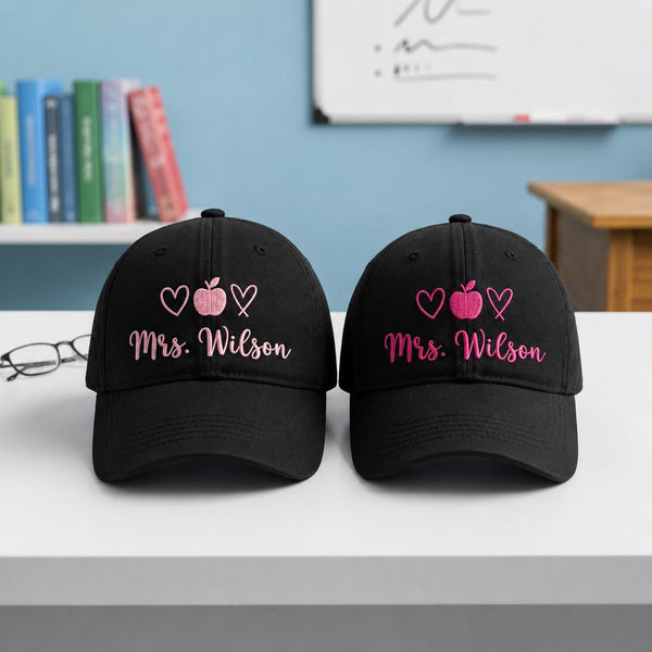 Custom Apple Embroidered Baseball Cap, Personalized Teacher Appreciation Hat