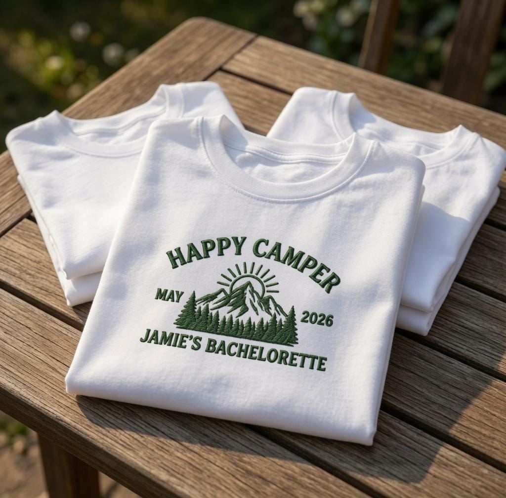 Custom Camp Bachelorette Shirt, Embroidered Happy Camper Mountain Bridal Party Tee