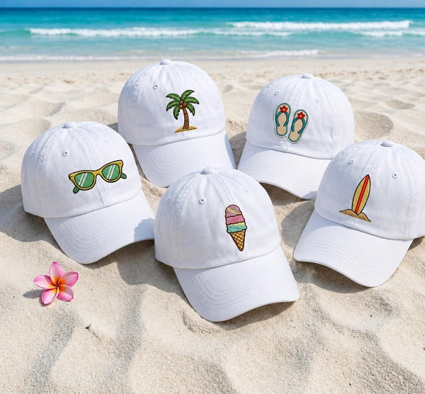 Custom Summer Beach Embroidered Hat, Personalized Coastal Icon Baseball Cap, Family Vacation Gift