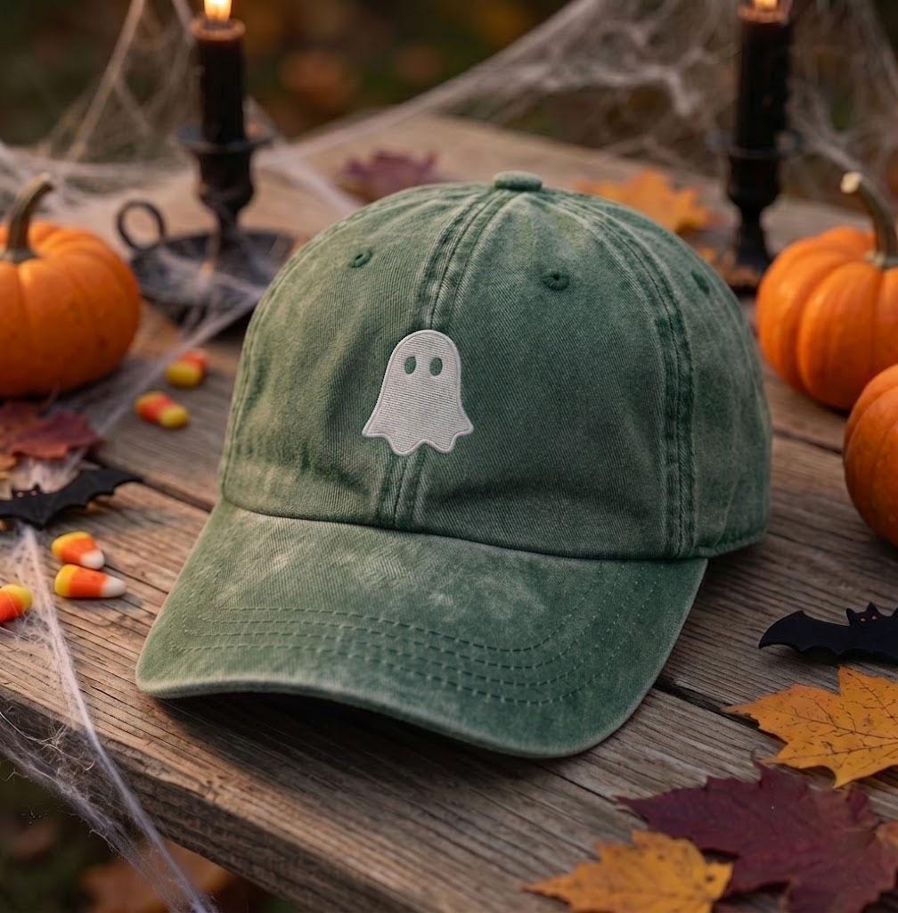 Minimalist Ghost Embroidered Hat, Orange Washed Cotton Baseball Cap, Halloween Gift