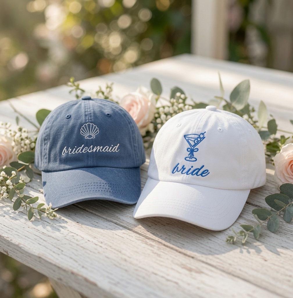 Custom Beach Bachelorette Hats Bride Bridesmaid Caps Personalized Wedding Dad Hat Coastal Bridal Party Gifts Seashell Embroidered Cap