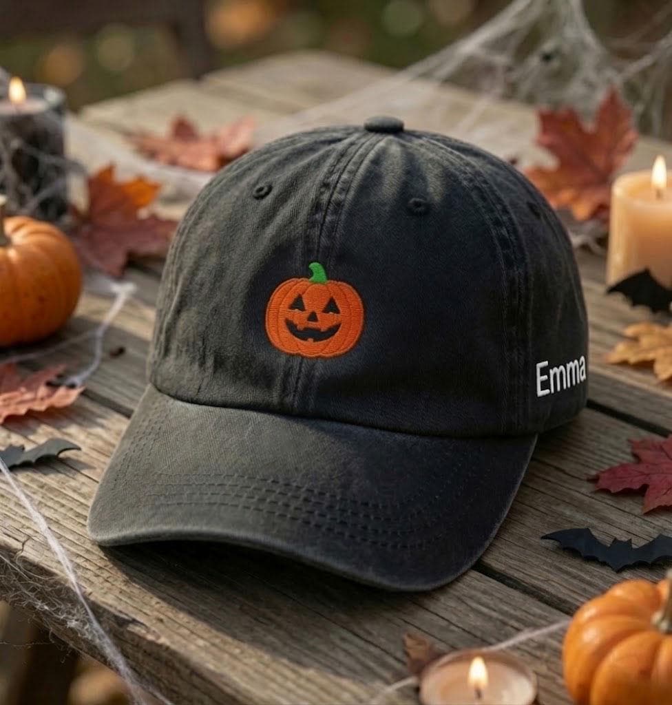Custom Name Halloween Hat Personalized Pumpkin Baseball Cap Washed Dad Hat Pumpkin Embroidery Cap Matching Family Halloween Gifts