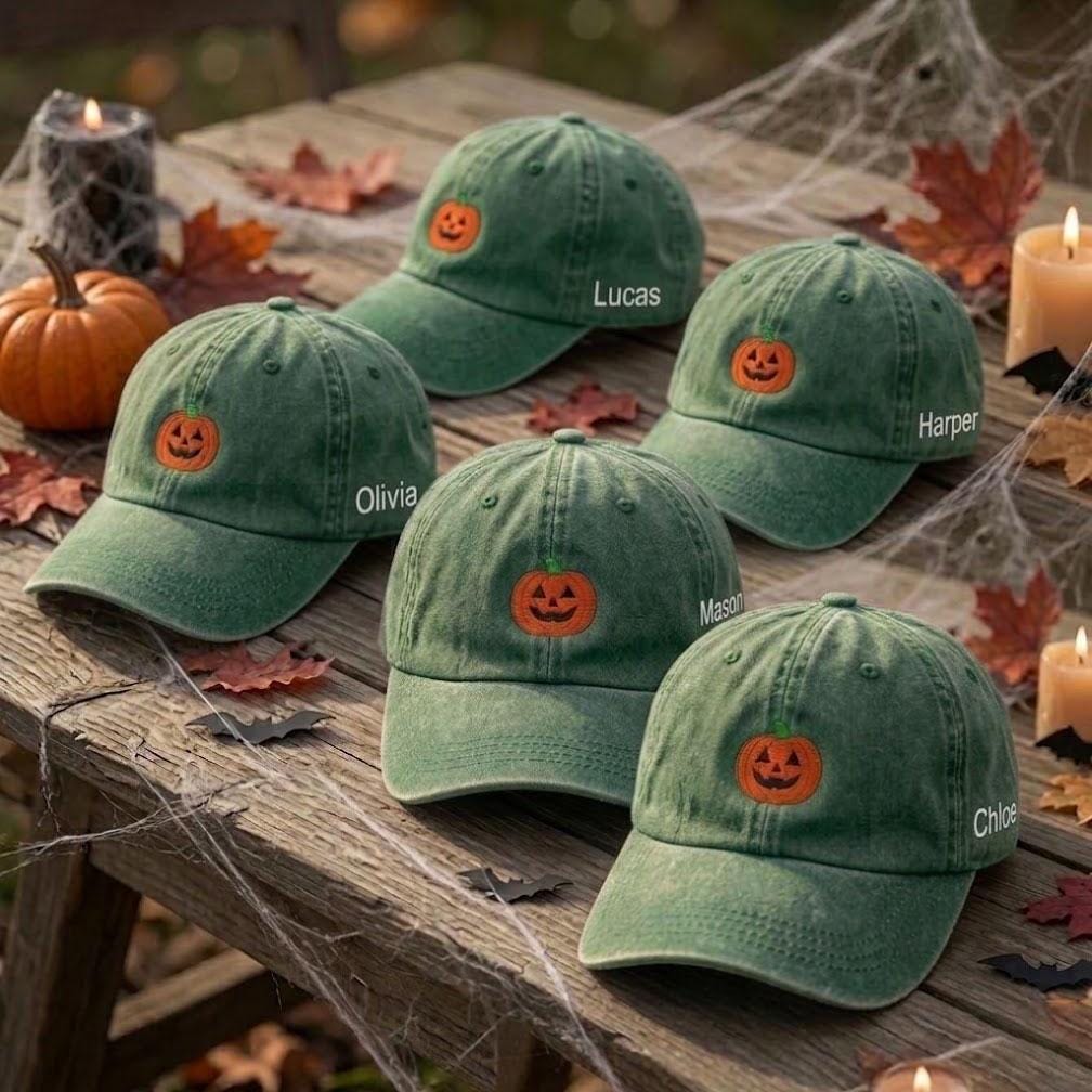 Custom Name Halloween Hat Personalized Pumpkin Baseball Cap Washed Dad Hat Pumpkin Embroidery Cap Matching Family Halloween Gifts