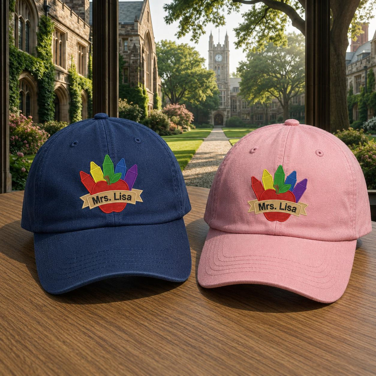 Custom Apple Crayon Teacher Hat, Personalized Name Embroidered Baseball Cap
