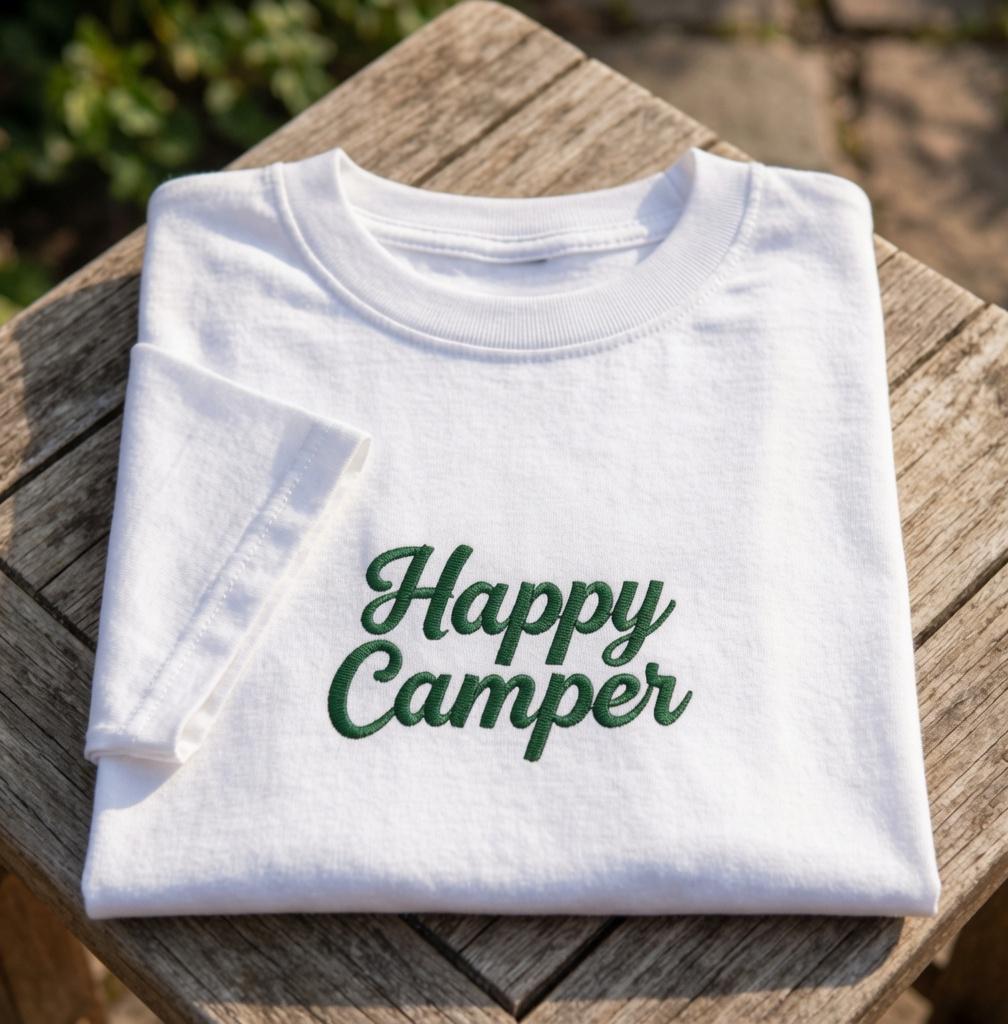 Custom Happy Camper Shirt, Embroidered Camping Nature Lover Graphic Tee