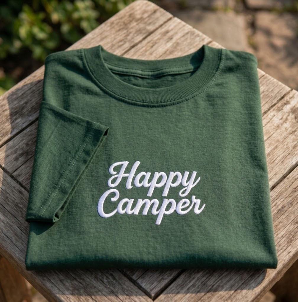 Custom Happy Camper Shirt, Embroidered Camping Nature Lover Graphic Tee