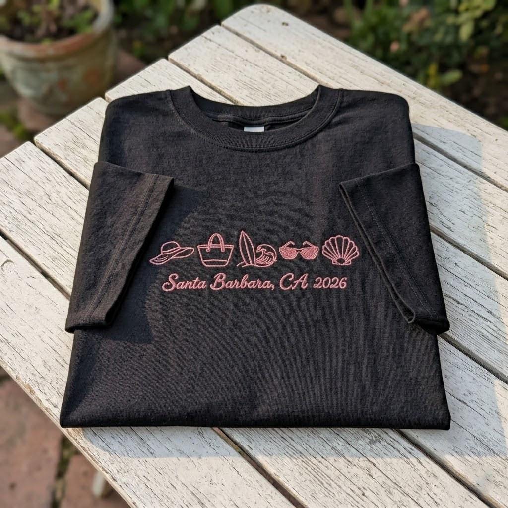 Custom Santa Barbara CA Shirt, Embroidered Beach Icons California Vacation Tee
