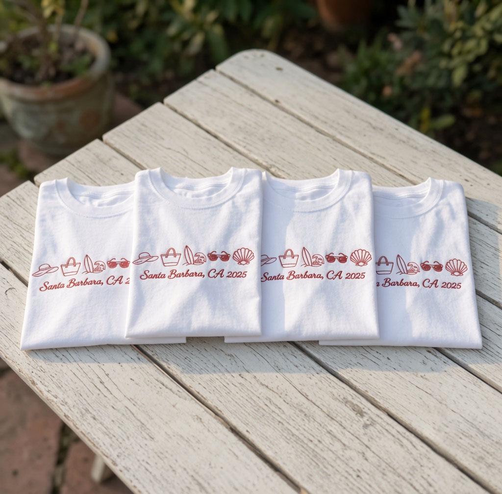 Custom Santa Barbara CA Shirt, Embroidered Beach Icons California Vacation Tee