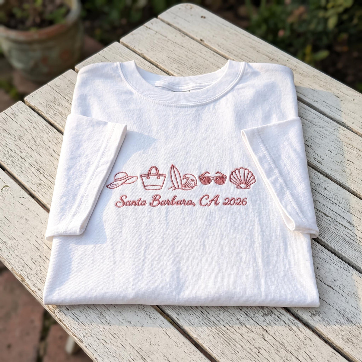 Custom Santa Barbara CA Shirt, Embroidered Beach Icons California Vacation Tee