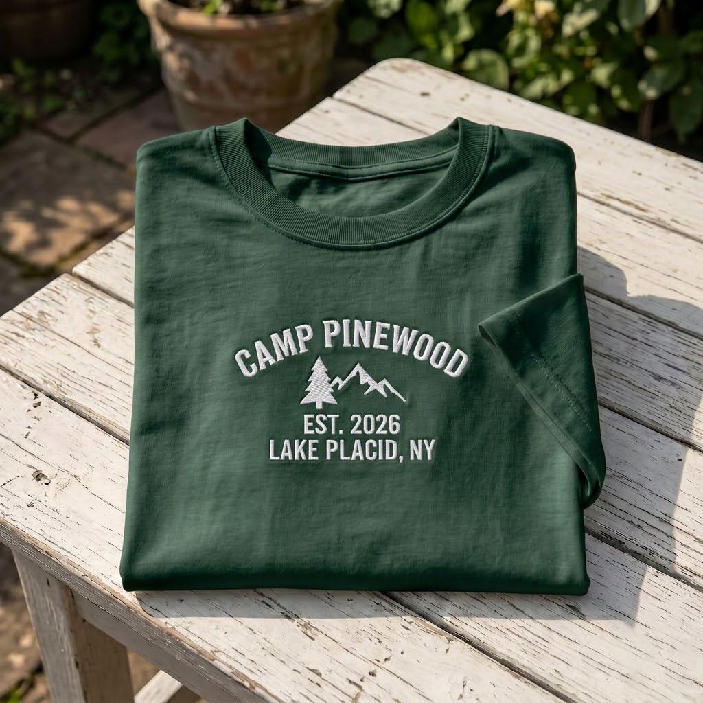 Custom Camp Pinewood Shirt, Embroidered Mountain Tree Camping Vacation 2026 Tee